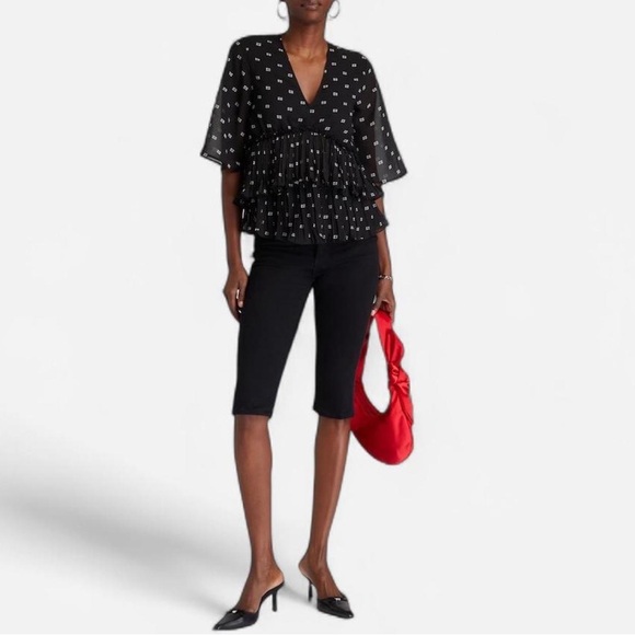 GANNI Black Graphic V Neck Georgette Flounce Blouse Short Sleeve sz 38 US 6 NWT - Picture 6 of 15